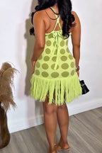Robe en maille extensible décontractée à pois avec franges pour femme
