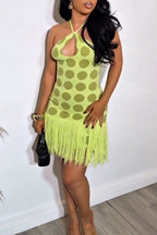 Robe en maille extensible décontractée à pois avec franges pour femme