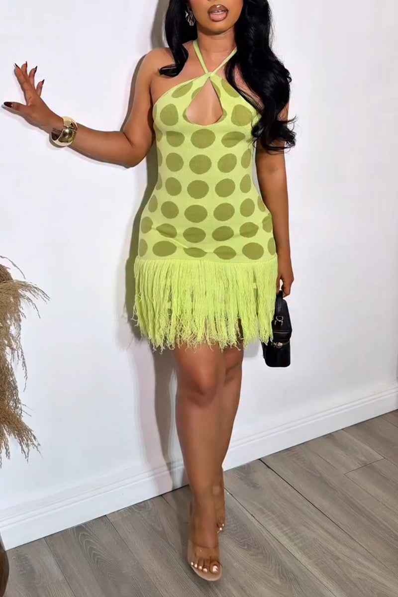 Robe en maille extensible décontractée à pois avec franges pour femme