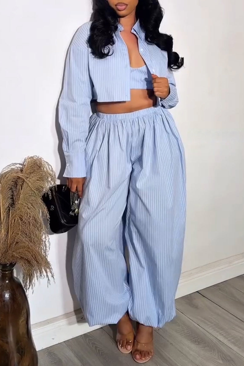Ensemble trois pièces gilet, chemise et pantalon de jogging rayés décontracté pour femme