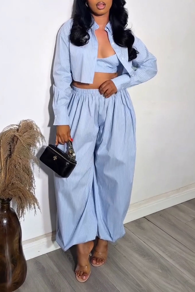 Ensemble trois pièces gilet, chemise et pantalon de jogging rayés décontracté pour femme