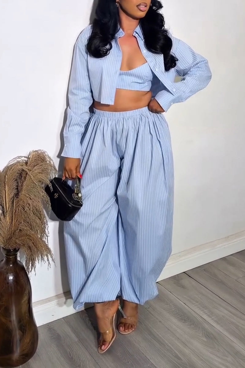 Ensemble trois pièces gilet, chemise et pantalon de jogging rayés décontracté pour femme