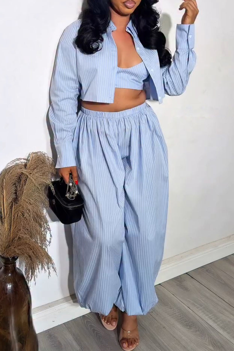Ensemble trois pièces gilet, chemise et pantalon de jogging rayés décontracté pour femme