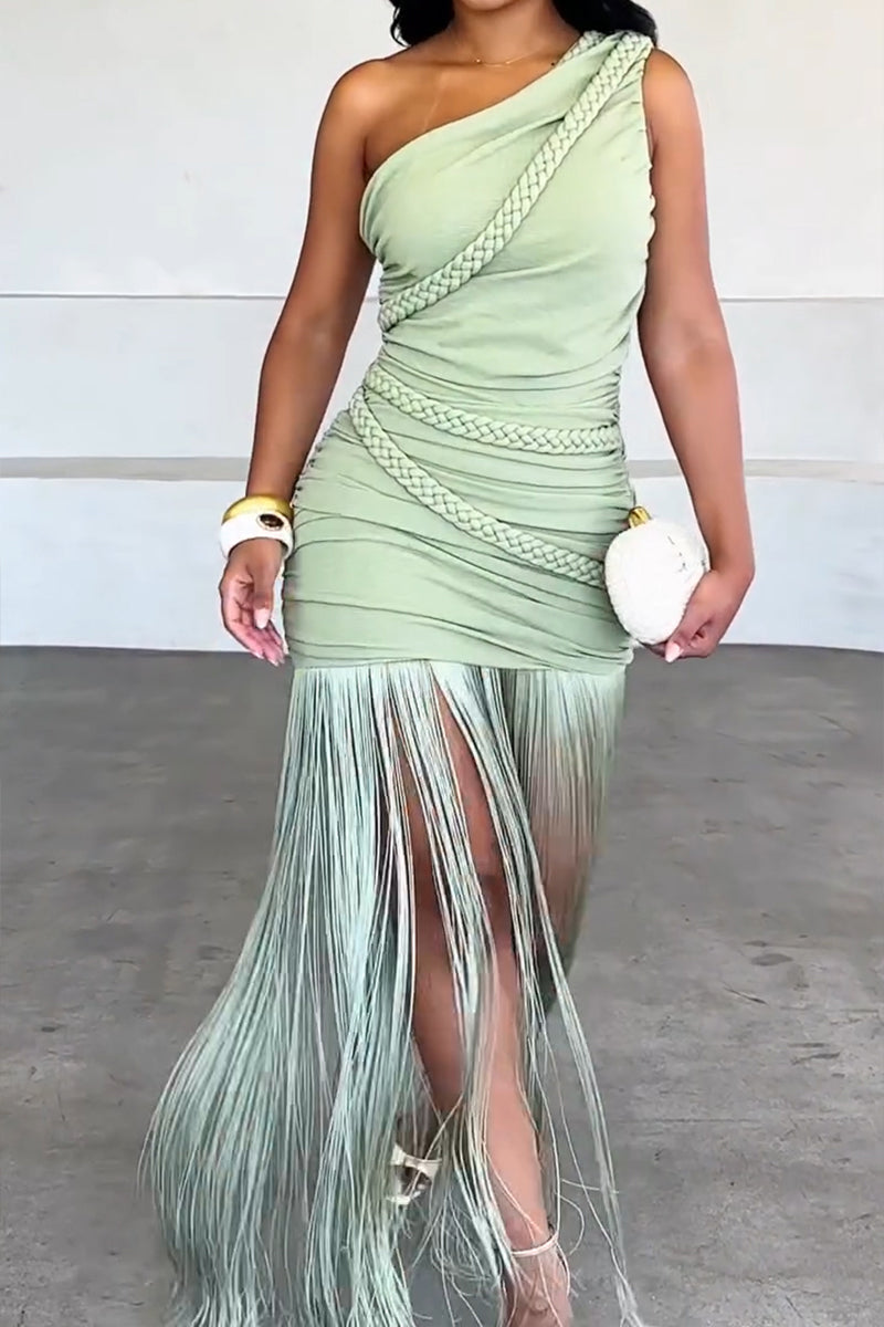 Robe longue élégante pour femme, coupe asymétrique, à franges