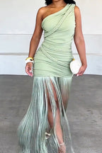 Robe longue élégante pour femme, coupe asymétrique, à franges