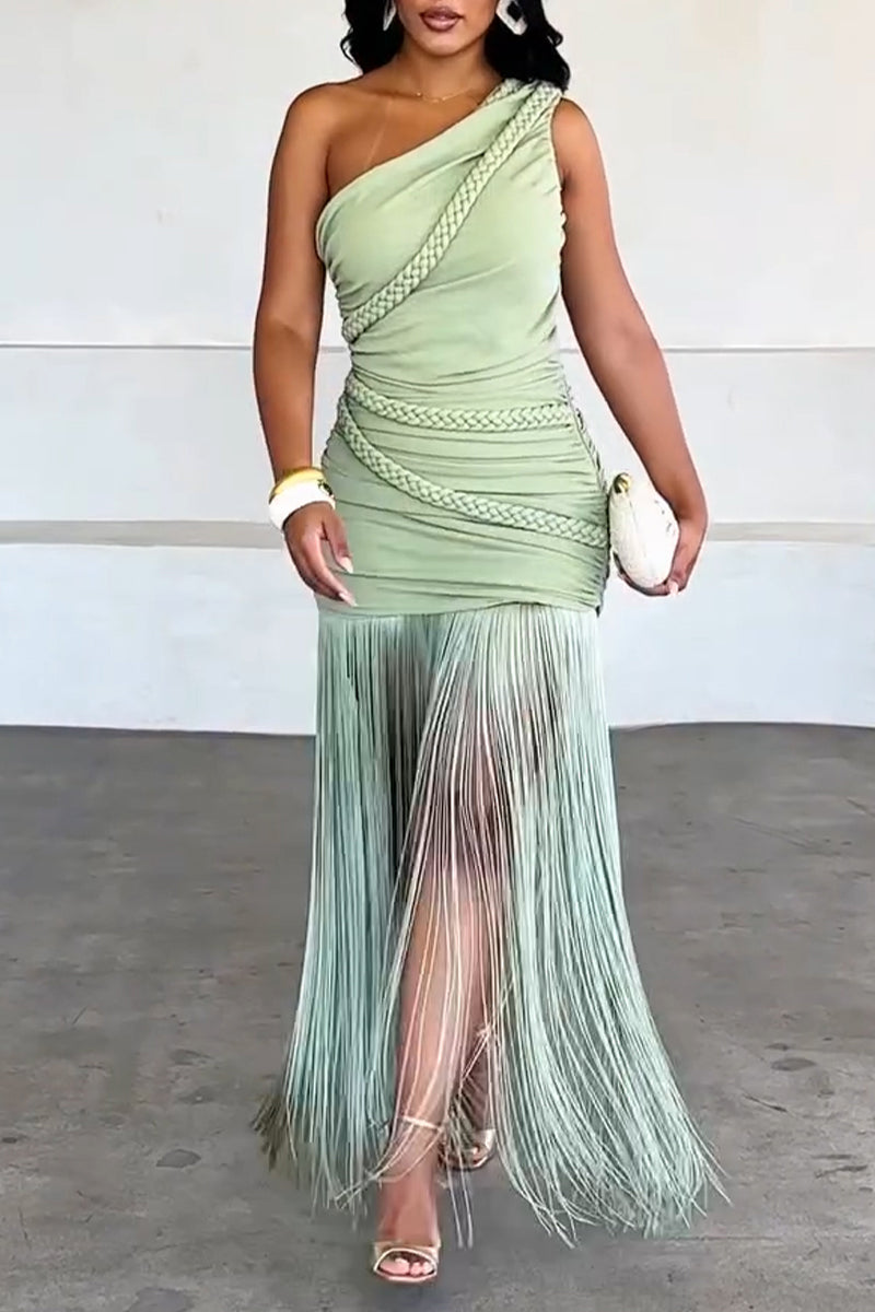 Robe longue élégante pour femme, coupe asymétrique, à franges