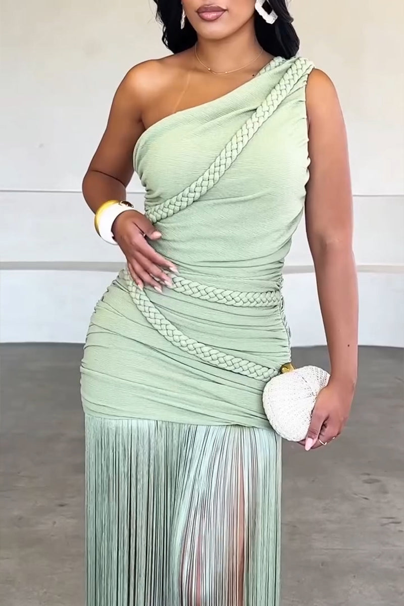 Robe longue élégante pour femme, coupe asymétrique, à franges