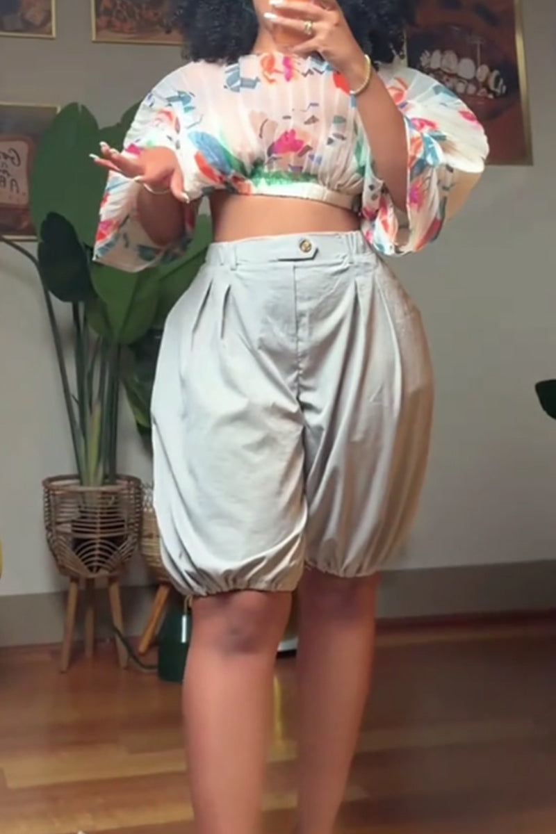 Haut court ample plissé imprimé à manches bouffantes pour femme ou pantalon de jogging court décontracté pour les vacances