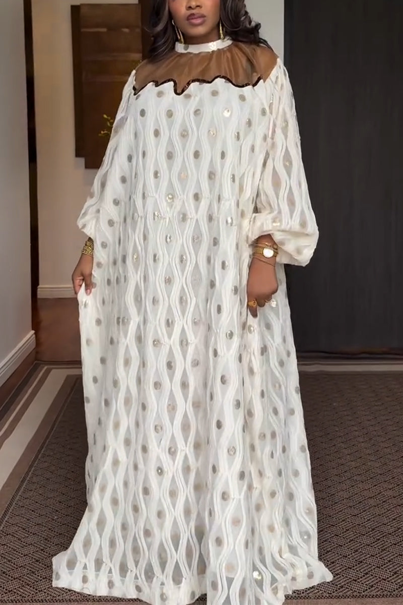 Robes longues élégantes à col rond avec patchwork de sequins et pois pour femmes
