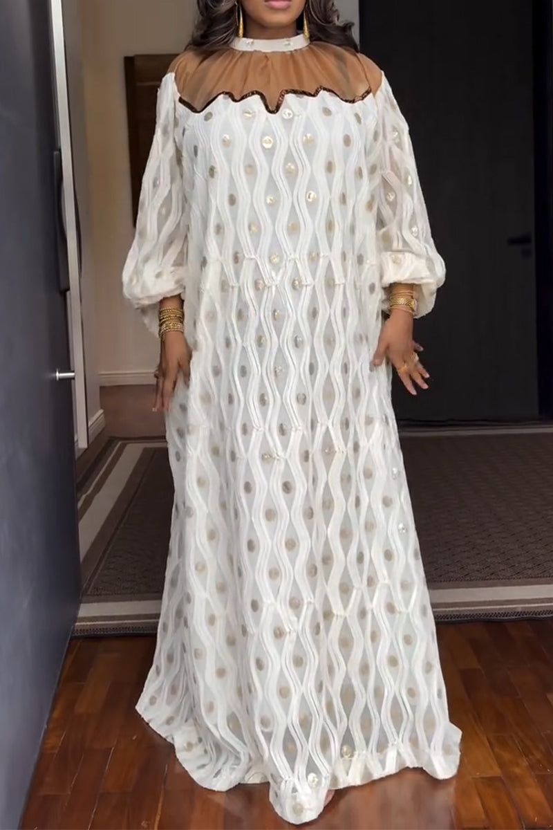 Robes longues élégantes à col rond avec patchwork de sequins et pois pour femmes