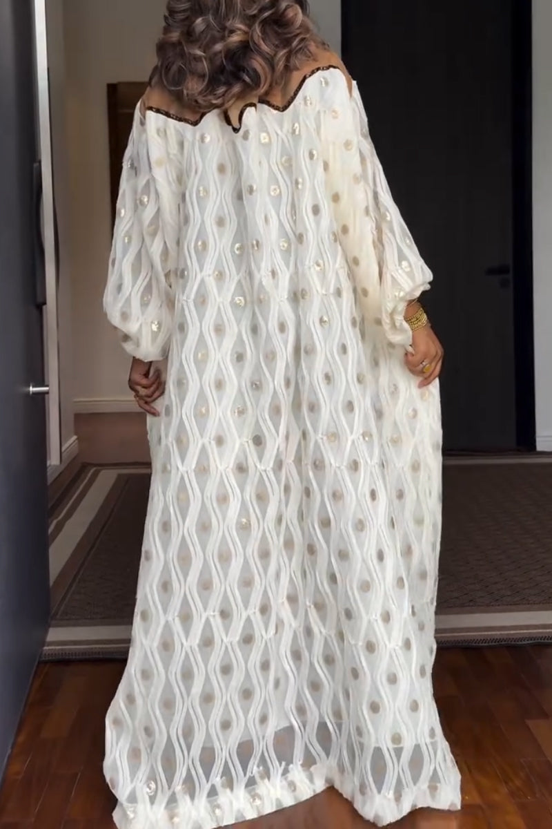 Robes longues élégantes à col rond avec patchwork de sequins et pois pour femmes