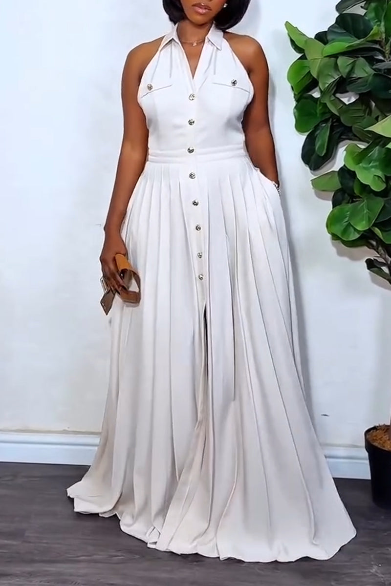 Robes longues élégantes et décontractées sans manches à revers boutonnées et patchwork pour femmes