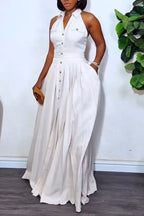 Robes longues élégantes et décontractées sans manches à revers boutonnées et patchwork pour femmes