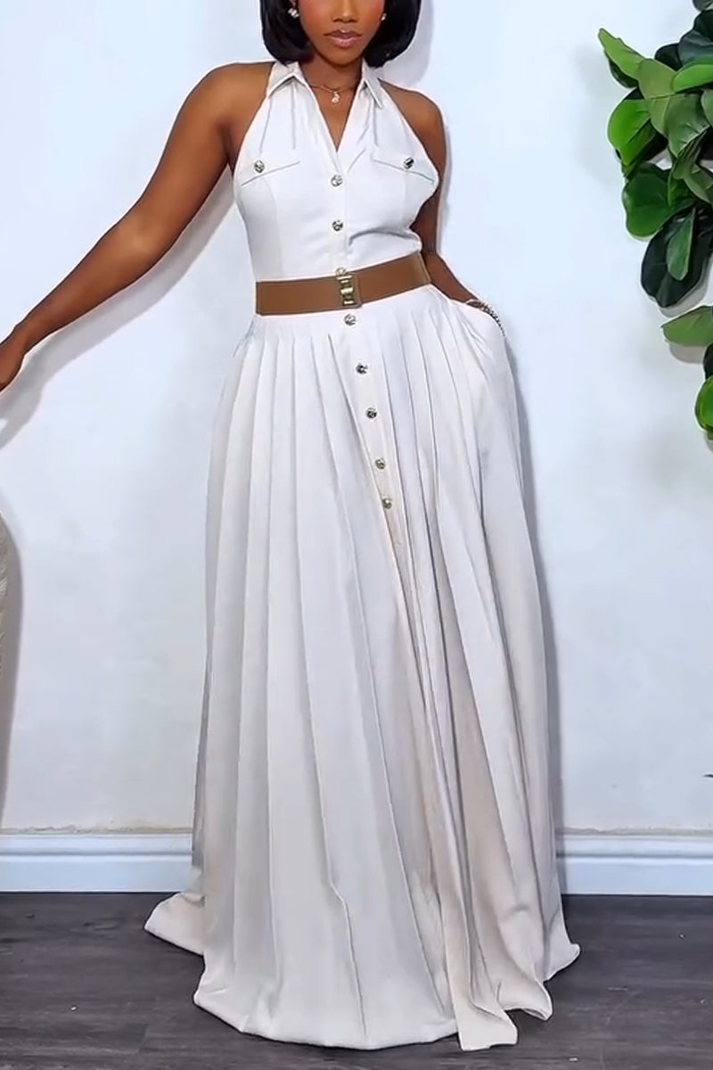Robes longues élégantes et décontractées sans manches à revers boutonnées et patchwork pour femmes