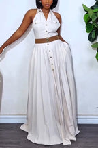 Robes longues élégantes et décontractées sans manches à revers boutonnées et patchwork pour femmes