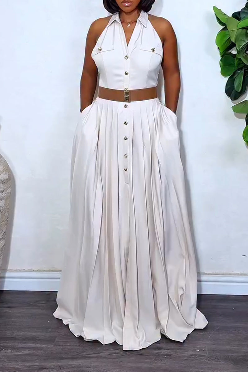 Robes longues élégantes et décontractées sans manches à revers boutonnées et patchwork pour femmes