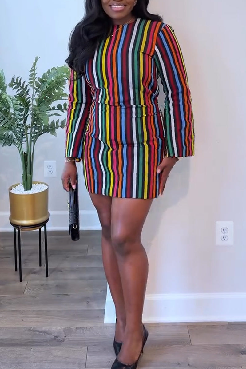 Abito da donna girocollo mini elegante casual con strisce verticali colorate