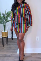 Abito da donna girocollo mini elegante casual con strisce verticali colorate