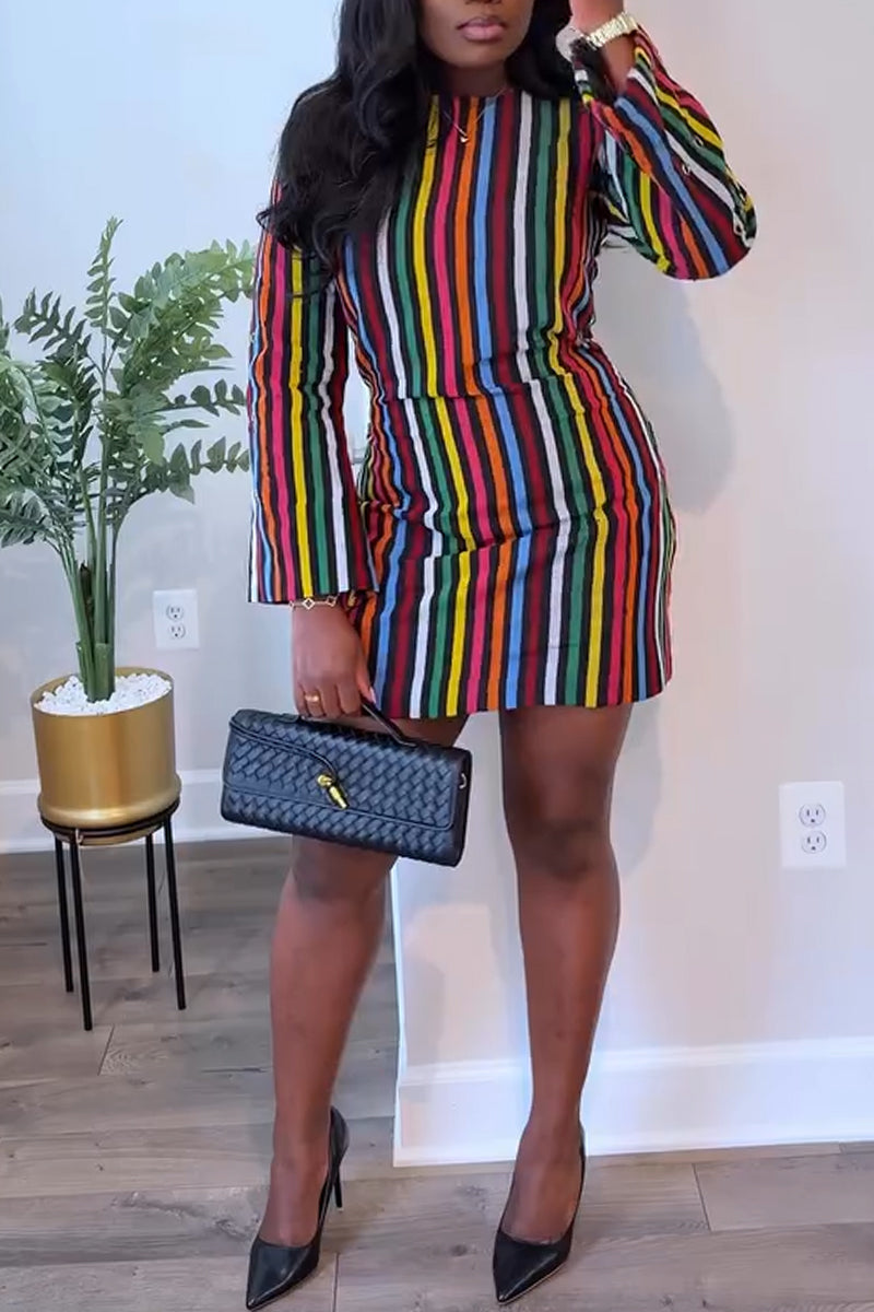 Abito da donna girocollo mini elegante casual con strisce verticali colorate