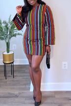 Abito da donna girocollo mini elegante casual con strisce verticali colorate
