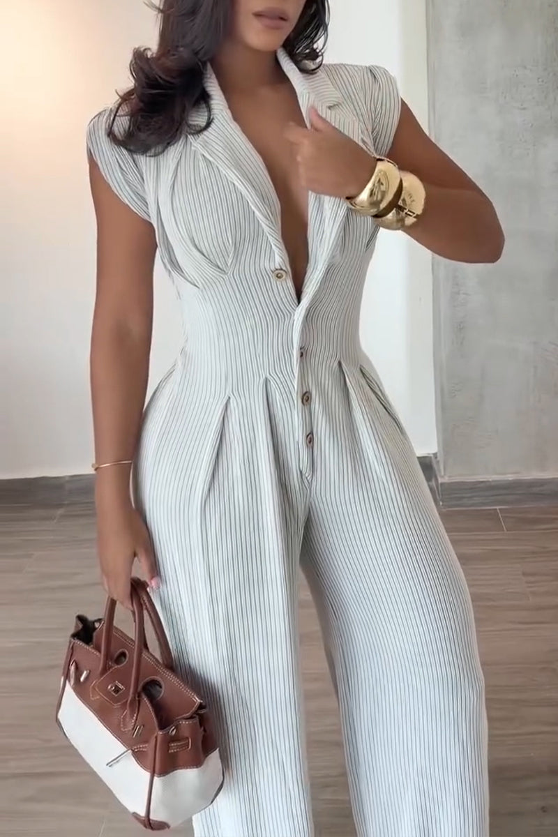 Combinaison décontractée à revers et boutonnage sur le devant, jambes larges pour femme