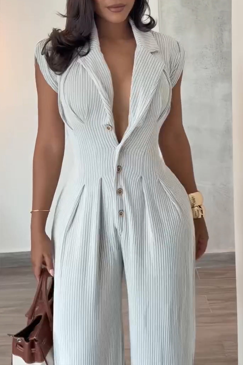 Combinaison décontractée à revers et boutonnage sur le devant, jambes larges pour femme