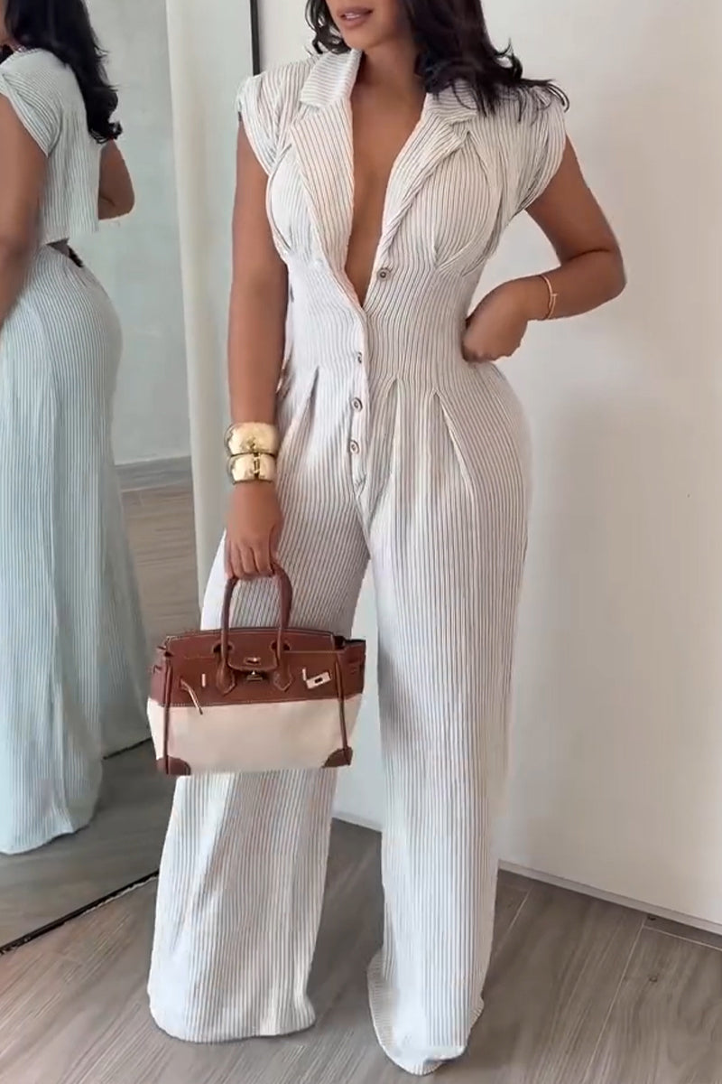 Combinaison décontractée à revers et boutonnage sur le devant, jambes larges pour femme