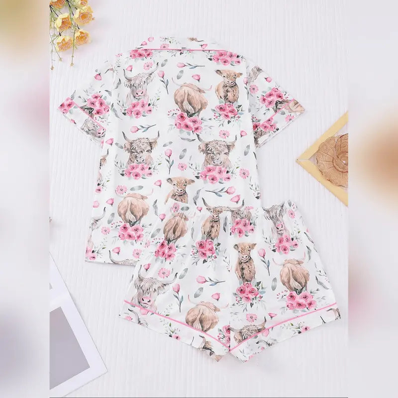 Ensemble de Pyjama Deux Pièces pour Femme, Motif Floral et Vache, Haut et Short à Manches Courtes, Décontracté et Confortable
