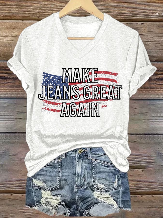 🔥Compra 3 e ricevi il 15% di sconto🔥T-shirt con scollo a V e stampa retrò "Make Jeans Great Again"