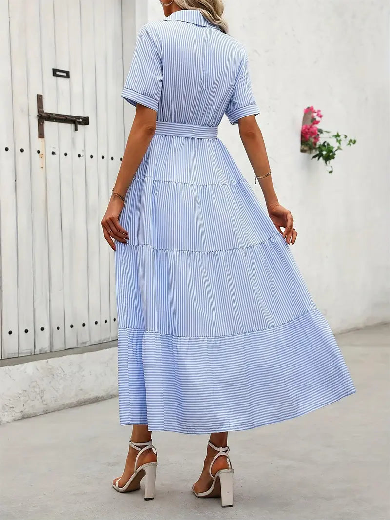 Abito da donna a righe con cintura, abito lungo elegante e casual per l'estate, abbigliamento da donna per l'uso quotidiano