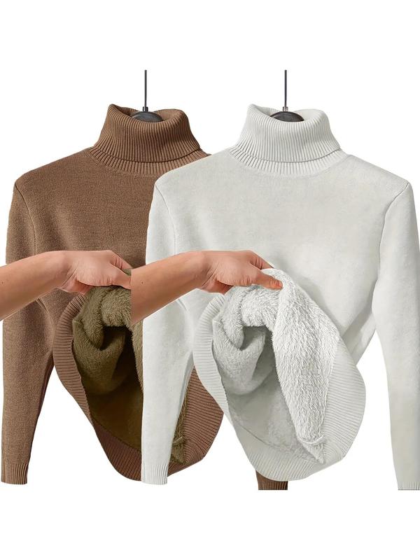 Pull en tricot uni doublé thermiquement à épaules tombantes et col montant pour femmes, pull décontracté à manches longues pour le quotidien en extérieur, haut en tricot pour femmes pour l'automne et l'hiver.