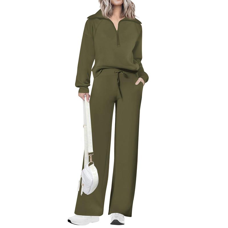 Ensemble de survêtement décontracté 2 pièces pour femme - Sweat-shirt à demi-zip et pantalon large avec cordon de serrage - Haut et pantalon de survêtement assortis pour le confort