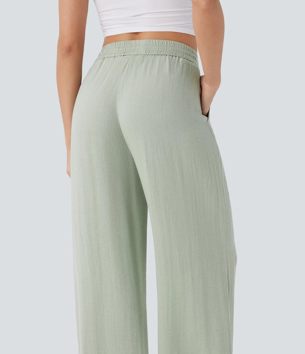 Pantalon ample taille haute en lin avec cordon de serrage et grandes poches