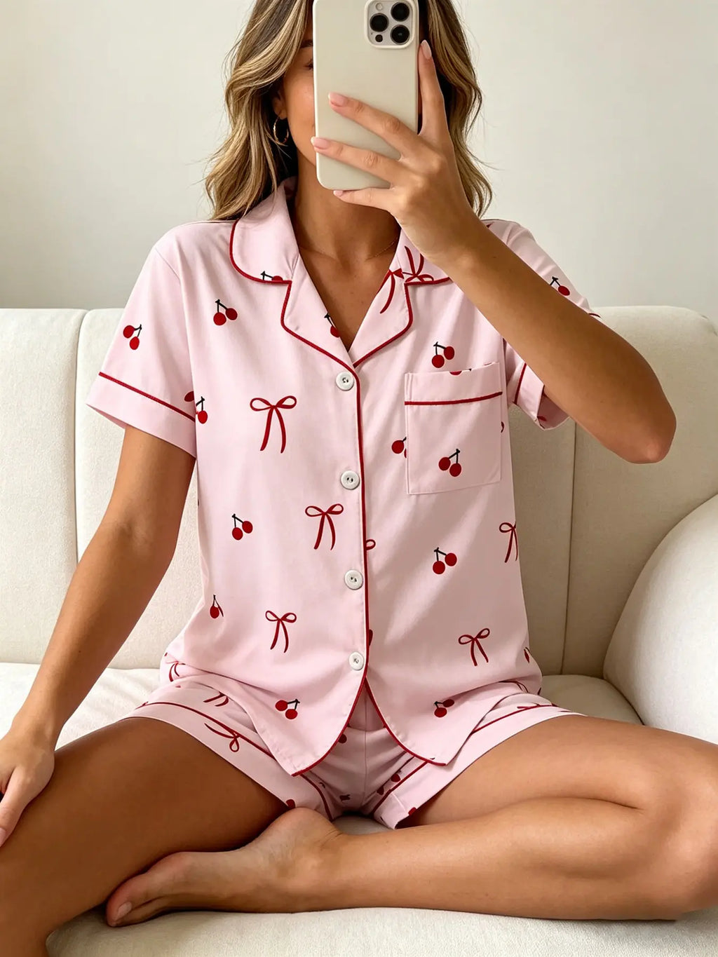 Women's Short Sleeve Button Down Top and Shorts Pajama Set, Spring Summer Wear