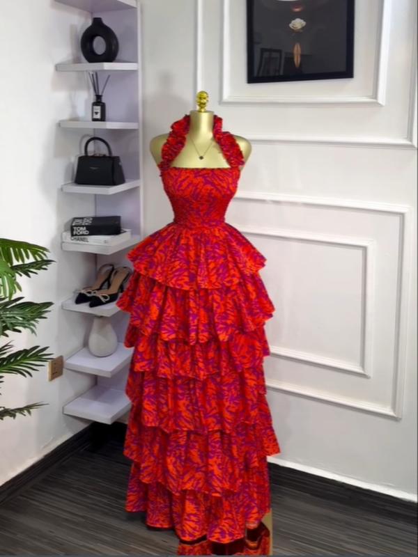 Women's Floral Print Layered Ruffle Midi Maxi Dress
