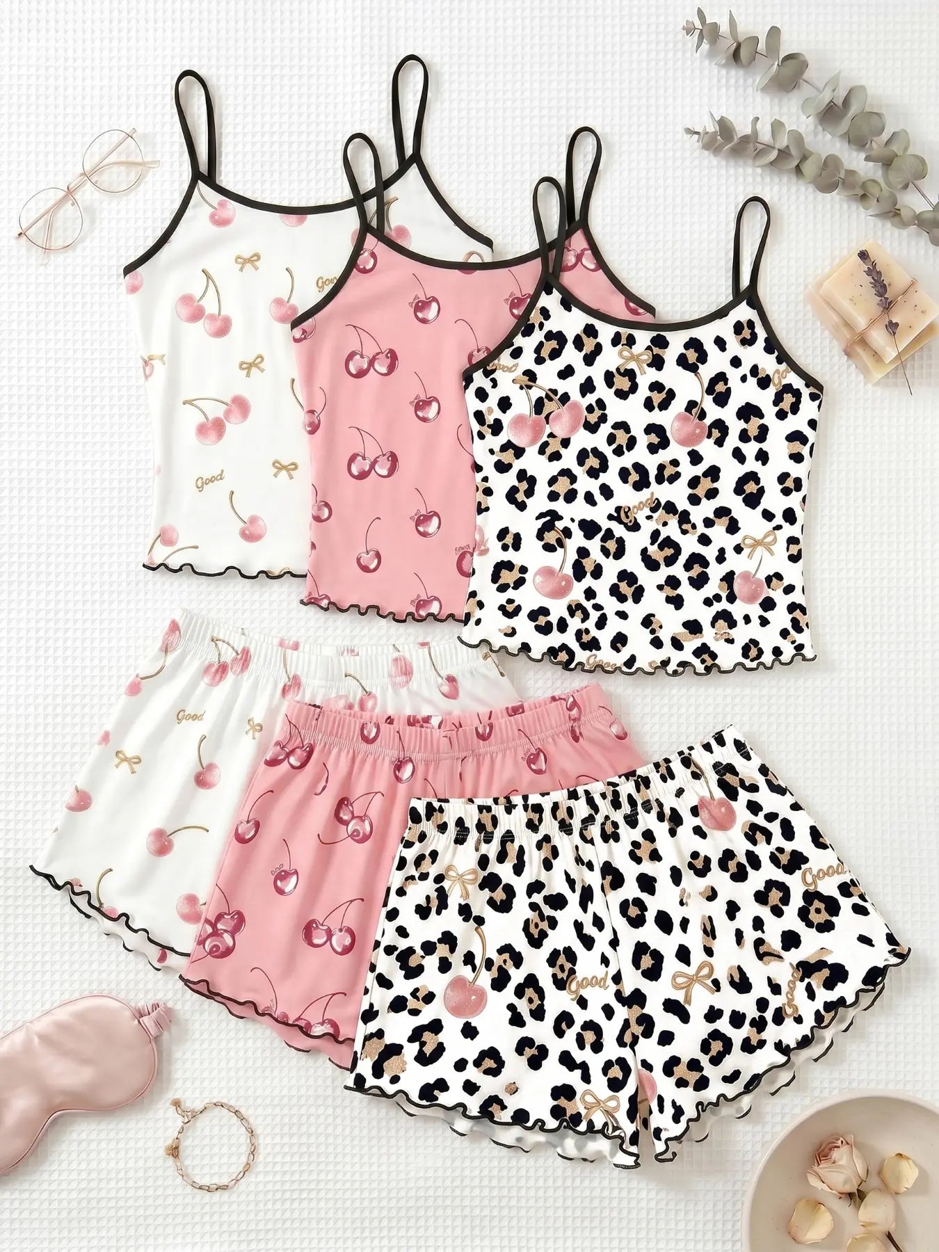 3-Piece Combo,Cherry Print Halter Short Pajamas Set