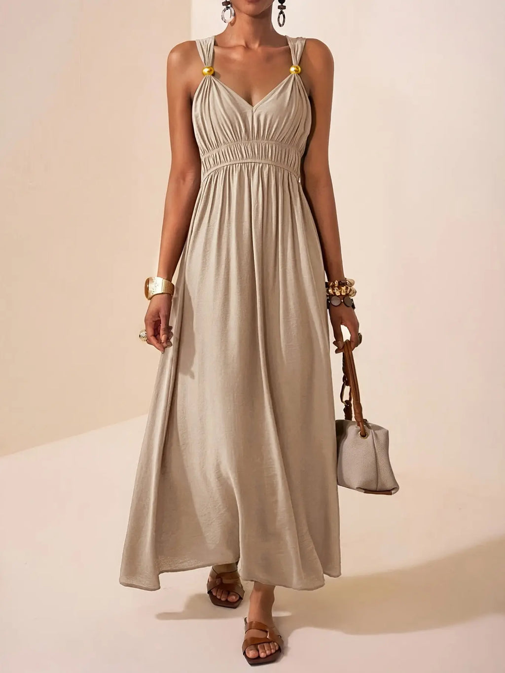 Long Sleeveless Thin Strap Deep V Neck Elegant A-Line Dress