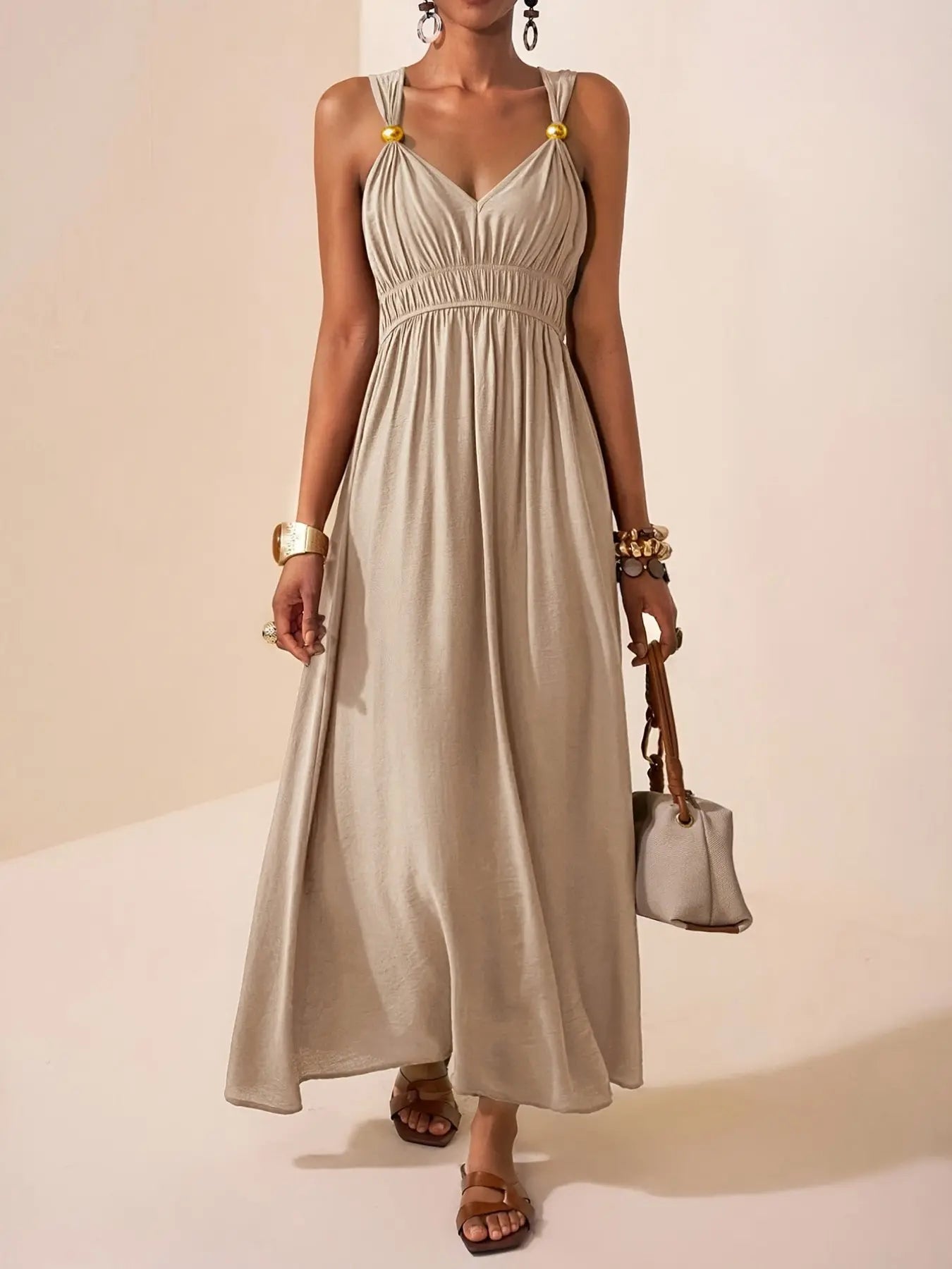 Long Sleeveless Thin Strap Deep V Neck Elegant A-Line Dress