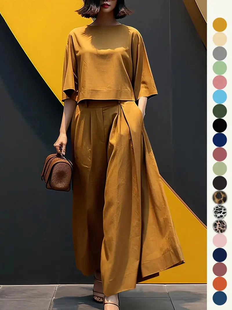 Ensemble deux pièces haut et pantalon large pour femme, haut et pantalon décontractés, mode minimaliste, confortables, à manches trois quarts, pour tous les jours en extérieur, vêtements pour femmes toutes saisons