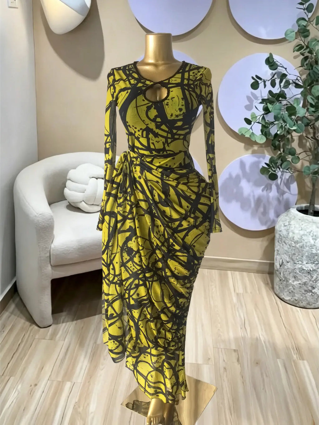 Elegant Women's Striped Pleated Long Sleeve Bodycon Maxi Prom Dress