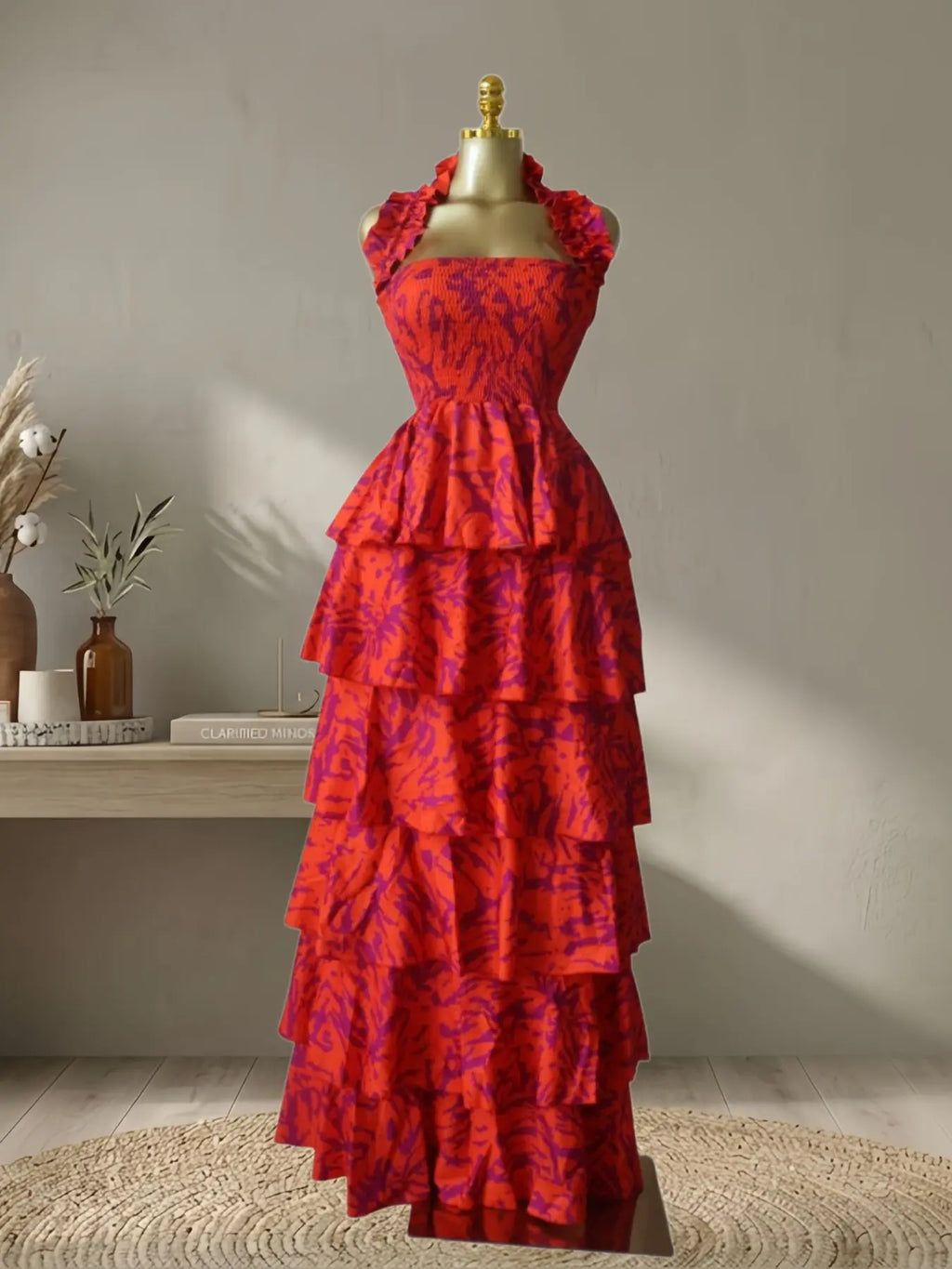 Women's Floral Print Layered Ruffle Midi Maxi Dress