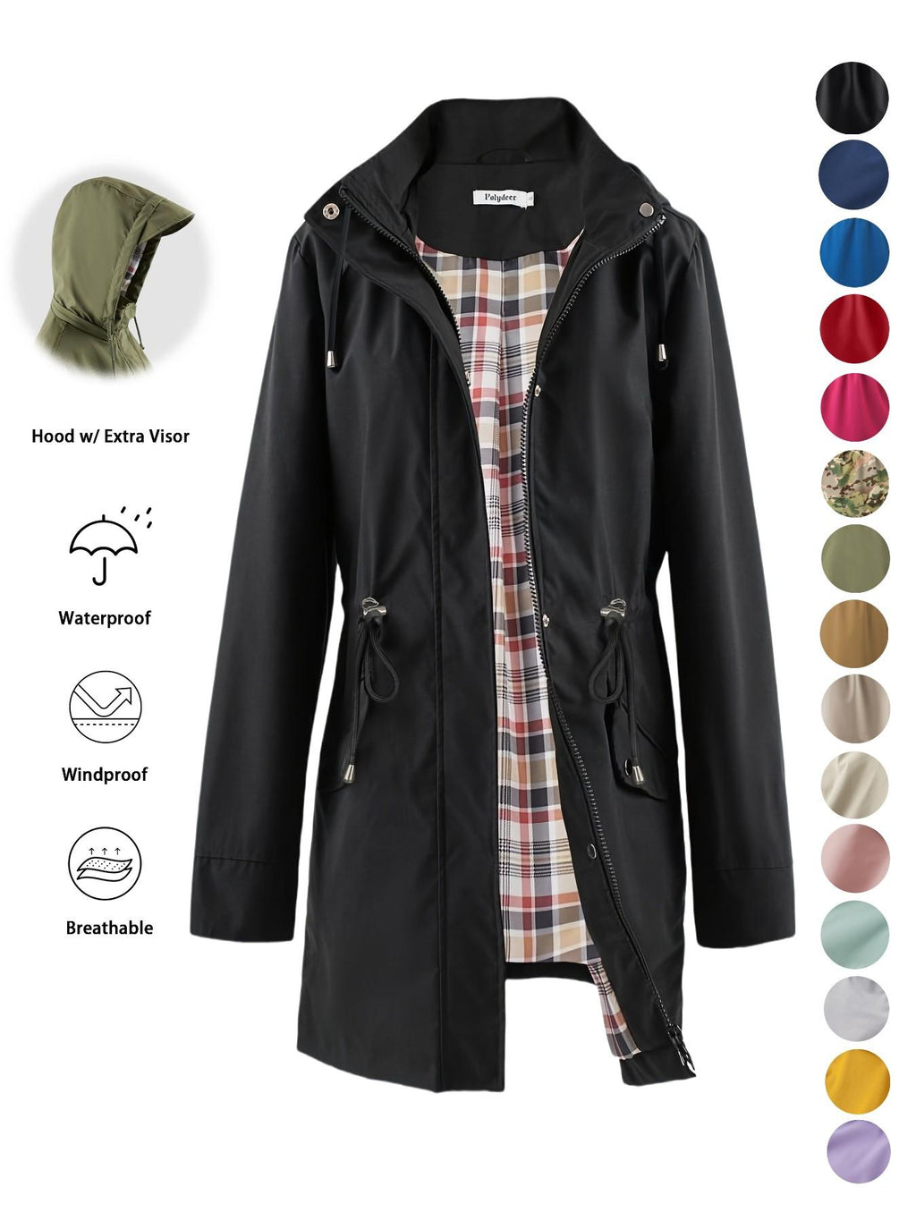 Women's Solid Color Drawstring Zip Up Hooded Trench Coat
