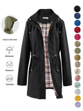 Women's Solid Color Drawstring Zip Up Hooded Trench Coat