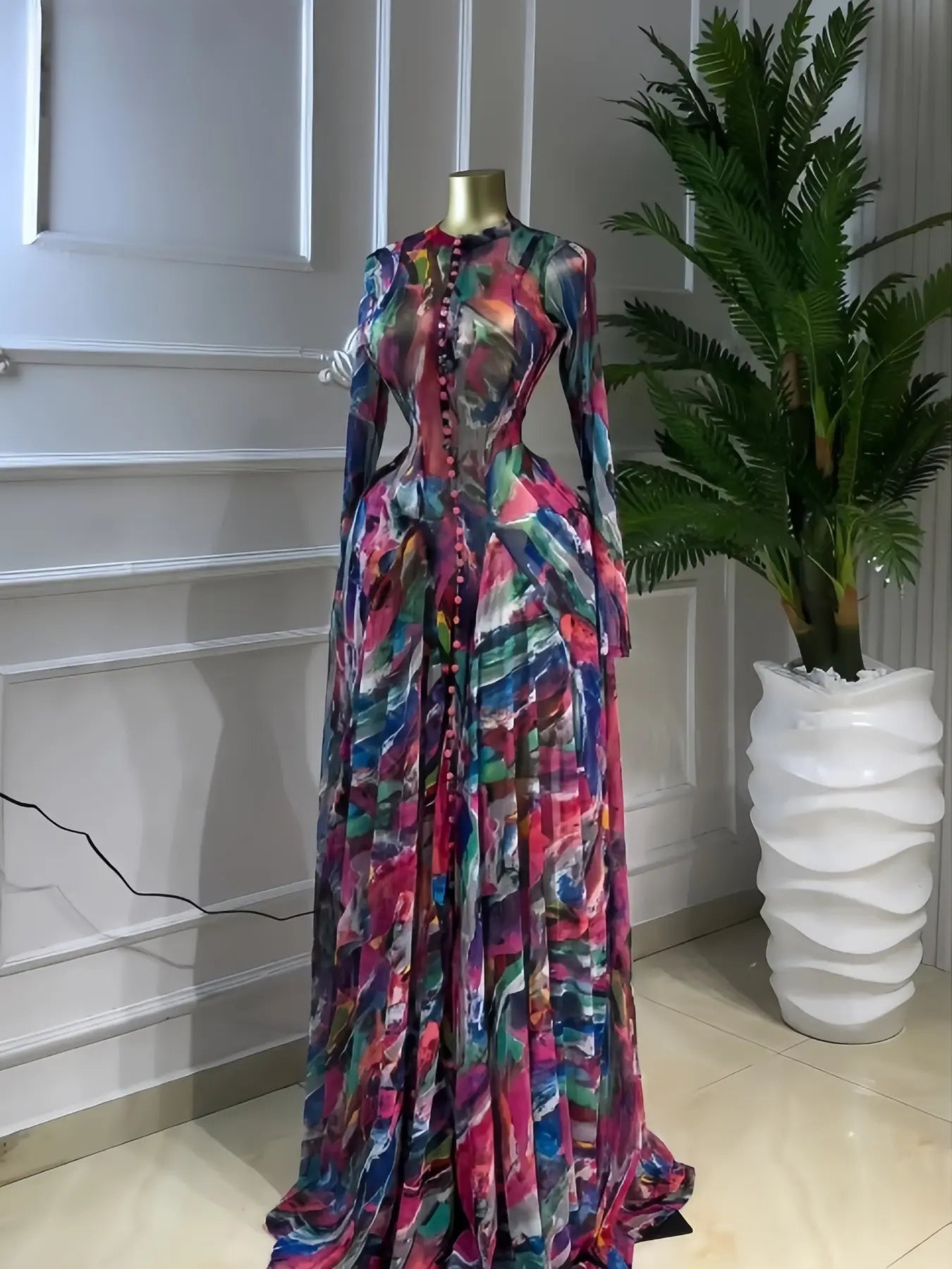 Women's Round-Neck Long Sleeve Woven Maxi Dress