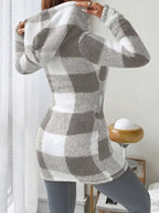 Sweat à capuche zippé en plaid et bordure duveteuse pour femme, décontracté automne/hiver
