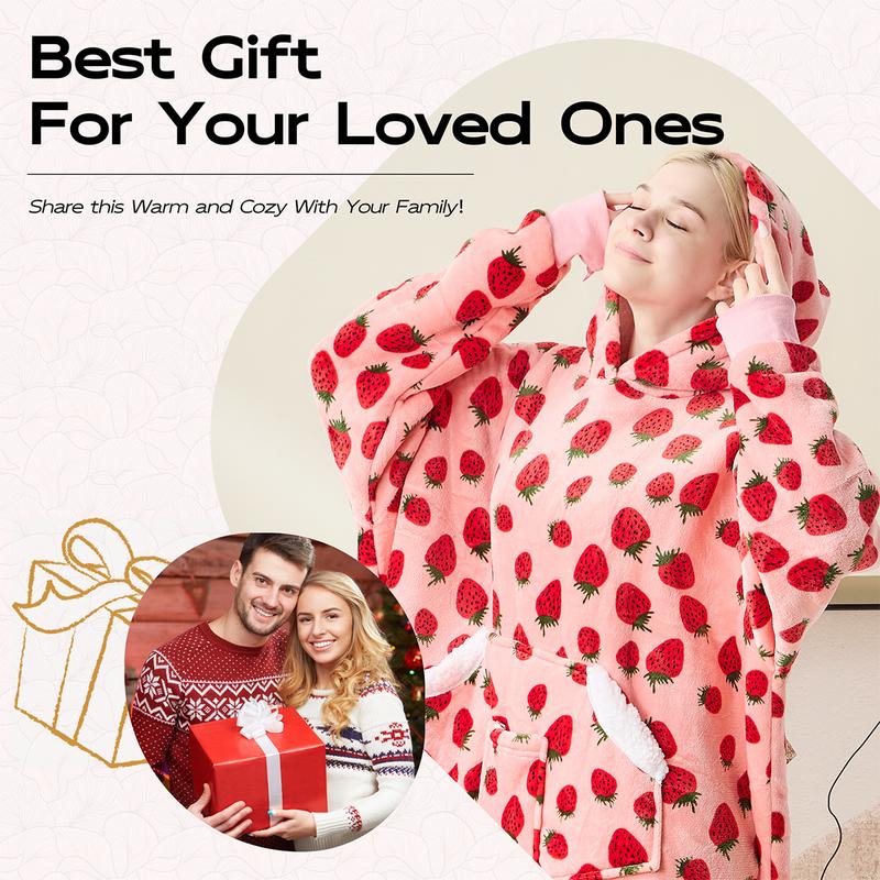 Couverture à capuche portable Surdimensionnée en polaire sherpa avec manches, couverture sweat à capuche douillette et géante extra longue pour adultes femmes cadeau d'hiver (Fraise)