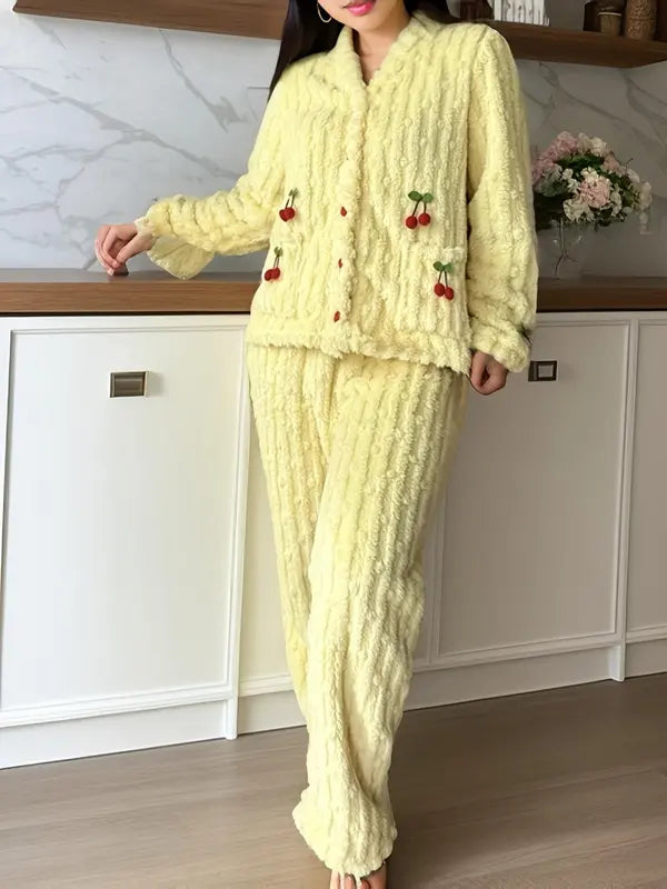 Ensemble de détente doux avec décorations de cerises pour femme, ensemble élégant et décontracté haut à manches longues et pantalon, vêtements de nuit pour femme pour l'automne et l'hiver, pyjama