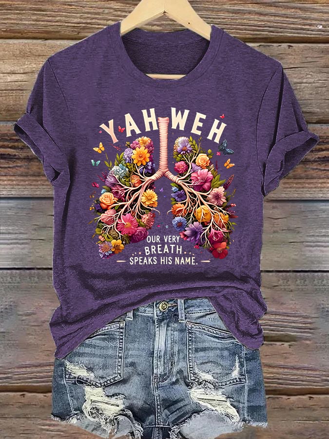 Women'S Casual Short-Sleeve T-Shirt With Lung Cancer Awareness Print "Every Breath Is Connected To Faith"