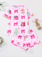 Pigiama natalizio da donna, stampa con biscotti di Babbo Natale, top a maniche corte abbottonato e pantaloncini elasticizzati, pigiameria casual per tutte le stagioni, pigiama natalizio, abbigliamento da casa
