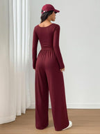 Combinaison Femme Automne Hiver en Tricot à Jambes Larges, Combinaison Décontractée Unie à Col Rond, Combinaison Polyvalente à Manches Longues